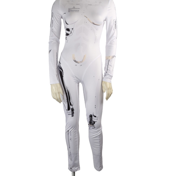 Unbranded Tops - White Robotic Stretch Jumpsuit Tattoo Cyberpunk Longe Sleeve Bodysuit Size XS